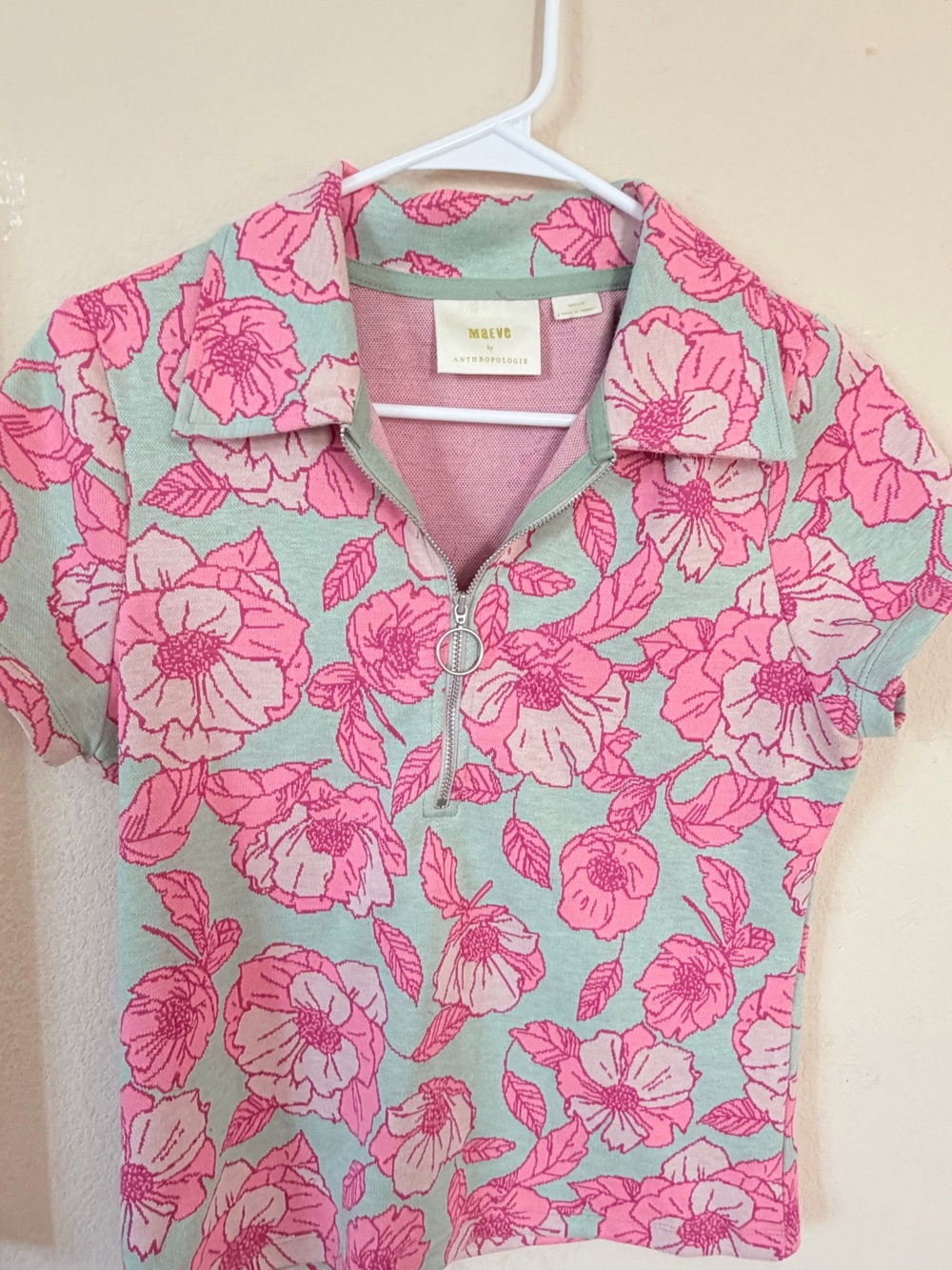 Anthropologie Maeve Mint Polo with Bright Pink Floral Jacquard Print